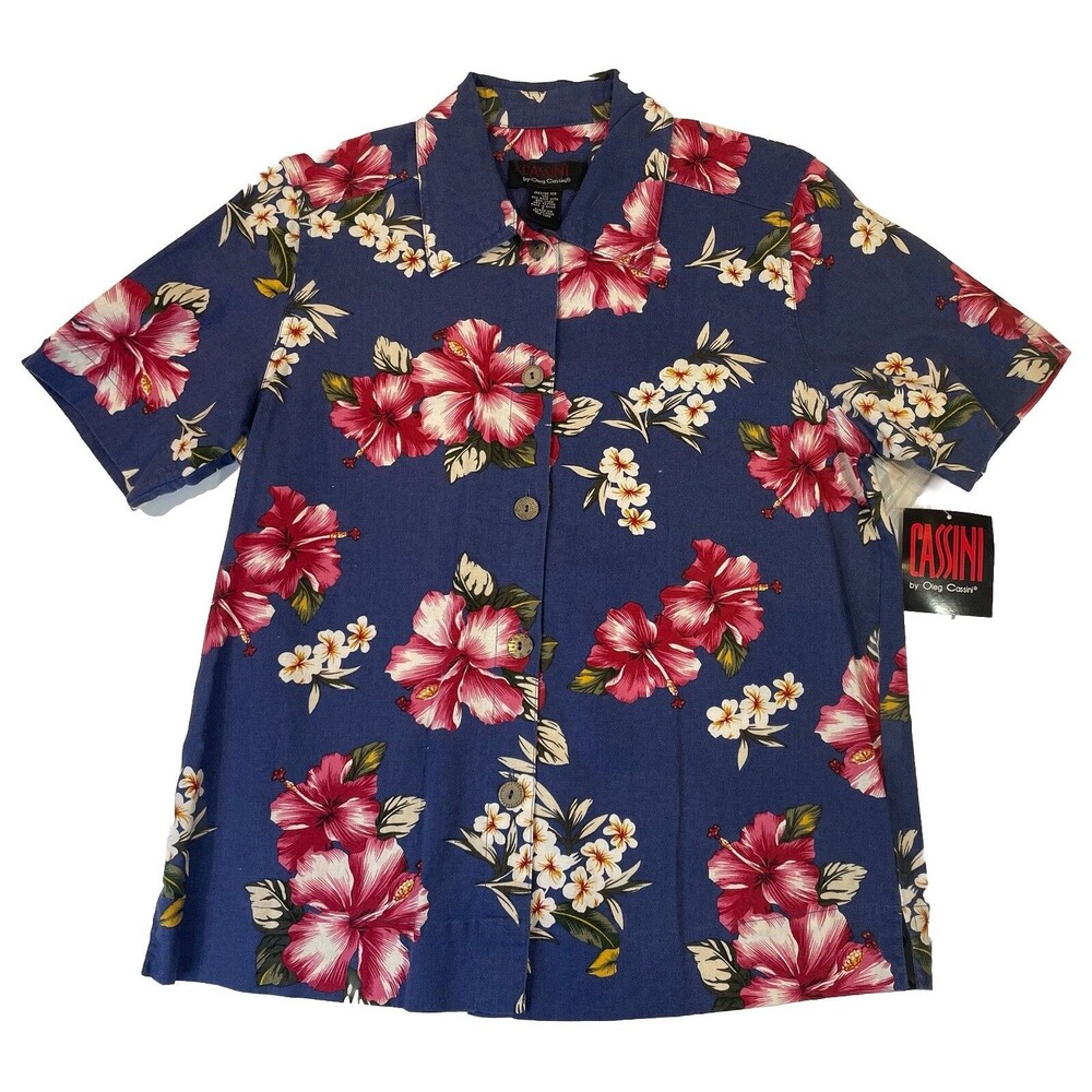 VINTAGE Oleg Cassini Women's Hawaiian Shirt Floral Pink Blue Small Button Up NEW